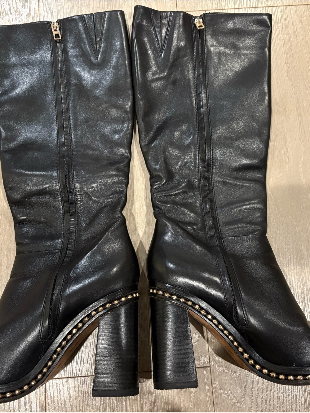 Coach Black Leather Knee High Heel Boots with Gold Stud Accents Size 10 - Picture 2 of 4